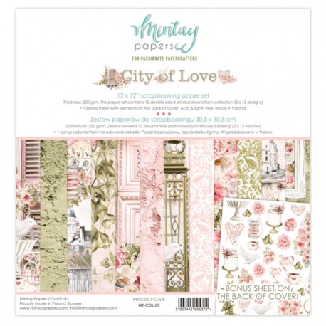 CITY OF LOVE BLOC DE 12 PAPIERS 30.5 CM + MOTIFS DECOUPAGE