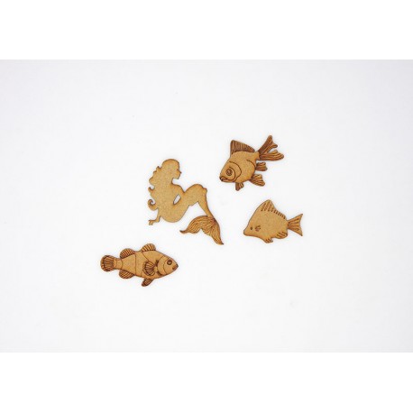 SIRENE ET POISSONS EN BOIS 4 PIECES