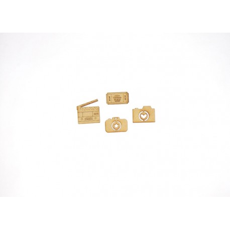 APPAREILS PHOTOS, TICKET, CLAP CINEMA EN BOIS 4 PIECES