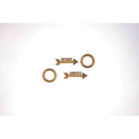 FLECHES DEPART ARRIVEE ET RONDELLES THEME VOYAGE EN BOIS 4 PIECES
