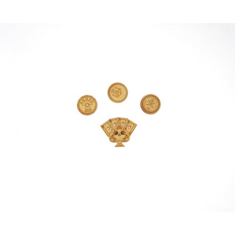 CARTES DE JEUX ET JETONS 4 PIECES EN BOIS