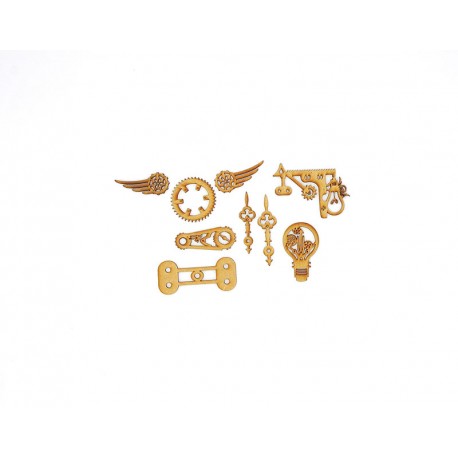 STEAMPUNK SET AMPOULE ENGRENAGE AILES EN BOIS 9 PIECES