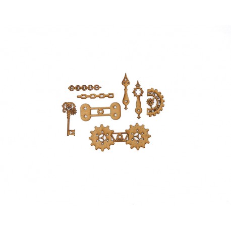 STEAMPUNK SET DEMI CADRAN ENGRENAGE CLE EN BOIS 8 PIECES