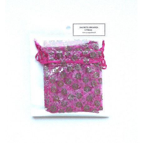 SACHETS ORGANZA 5 PIECES COLORIS FUSHIA ARGENT
